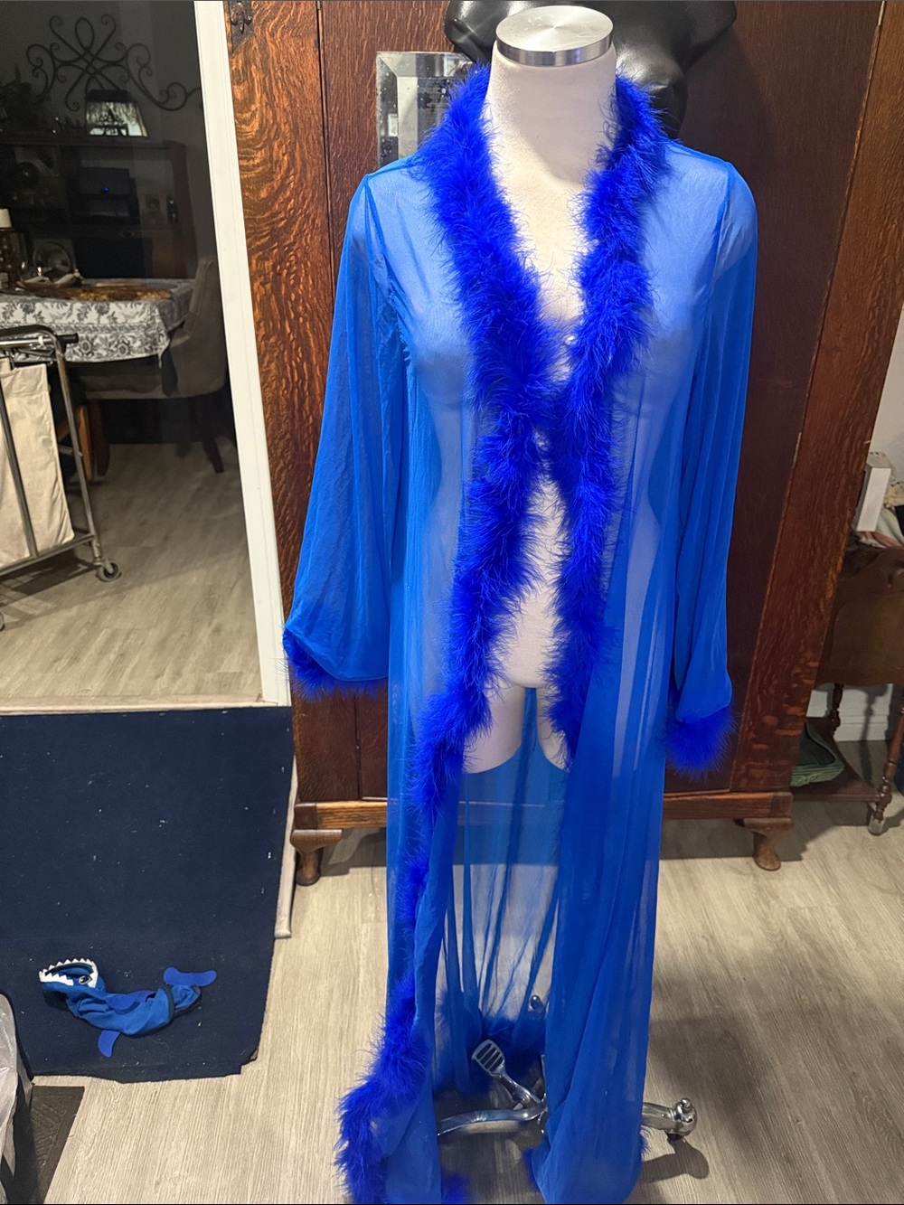 Sheer Royal Blue Feather Trim Robe VINTAGE
